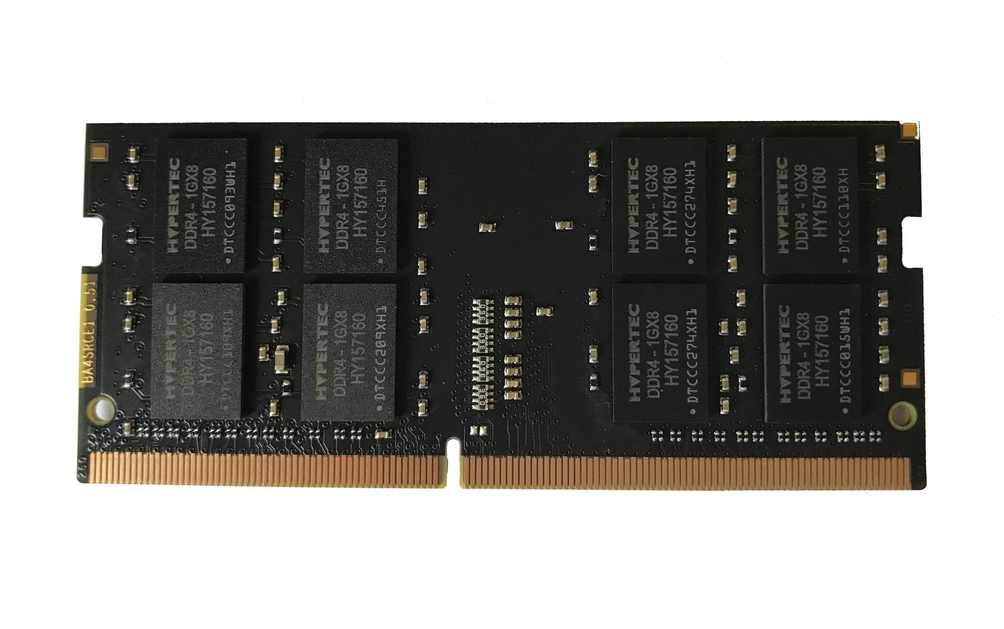 16GB DDR4 laptop RAM module by Hypertec, featuring a black PCB with eight memory chips and a gold connector edge, labeled with product details and specifications.