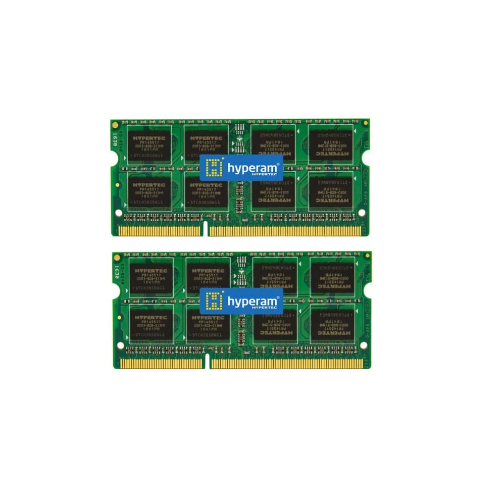 Green circuit board memory module with two rows of black chips, labeled "Hypertec" and "hyperram," featuring 16 GB DDR3 SO-DIMM design and 204-pin connectors.