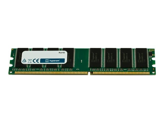 Green printed circuit board with a white label marked "RoHS" and black memory chips, featuring gold connectors on one edge, representing a 0.5 GB DDR ECC memory module.