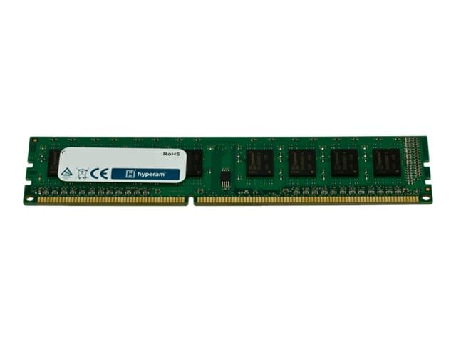 Green circuit board memory module with a blue label, featuring eight memory chips, designed for DDR3 1333 MHz ECC, measuring 8 GB by Hypertec.