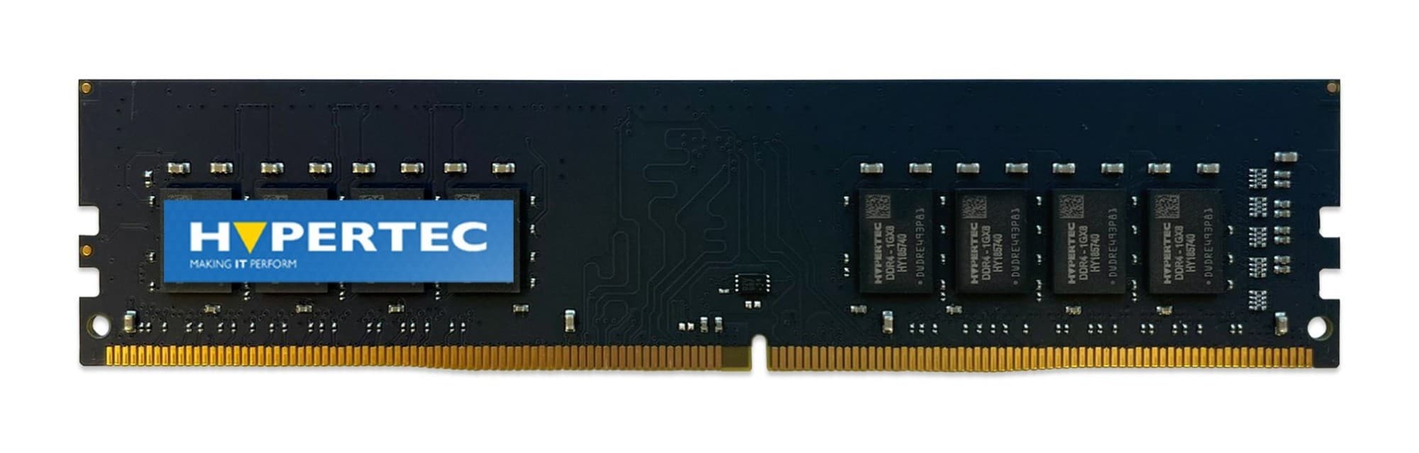Hypertec 32GB DDR4 RAM module in black with gold connectors, featuring a blue label with "HYPERTEC" and six memory chips on a 288-pin UDIMM design.