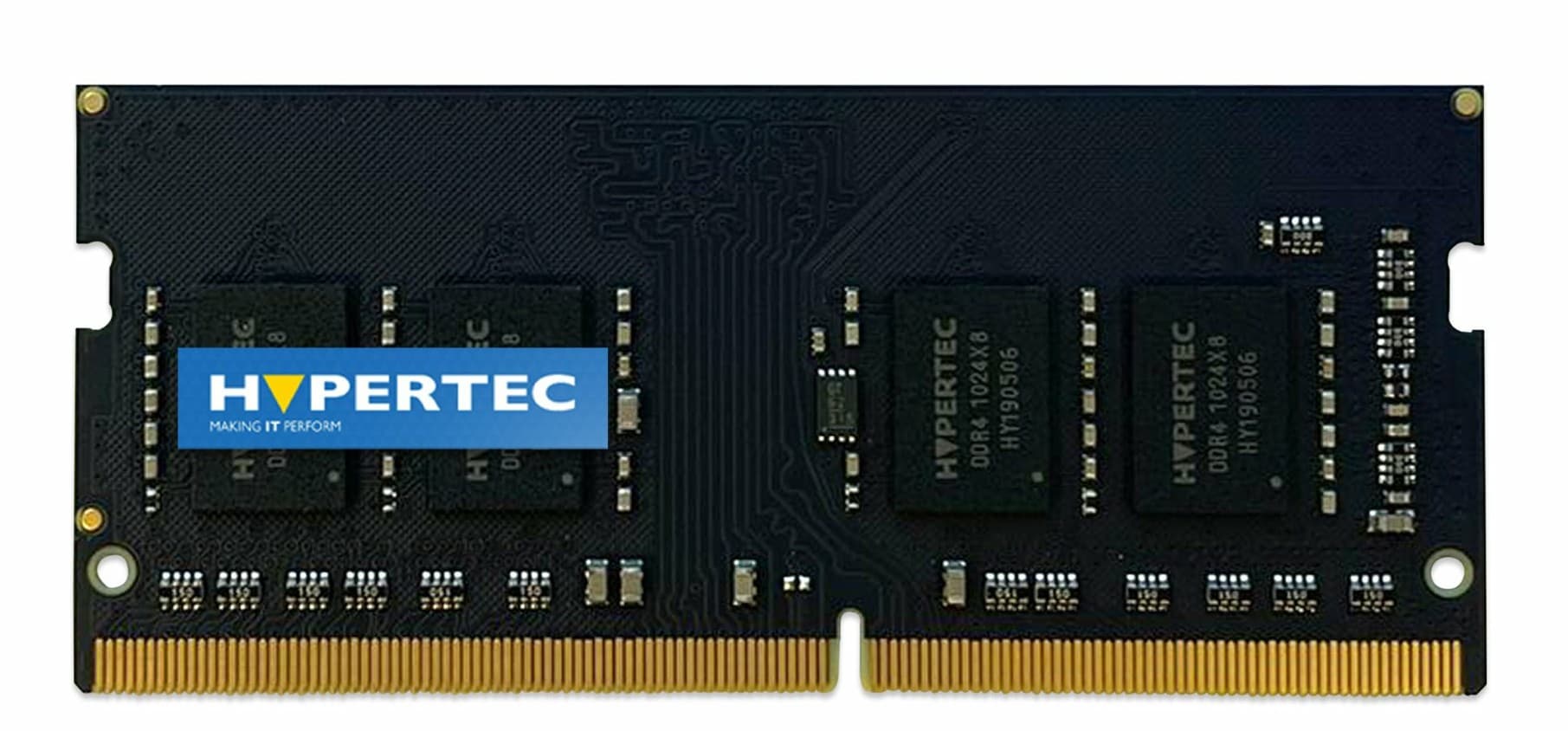 Black circuit board with four memory chips, gold connectors at the bottom, and a prominent blue and white "HYPERTEC" logo.