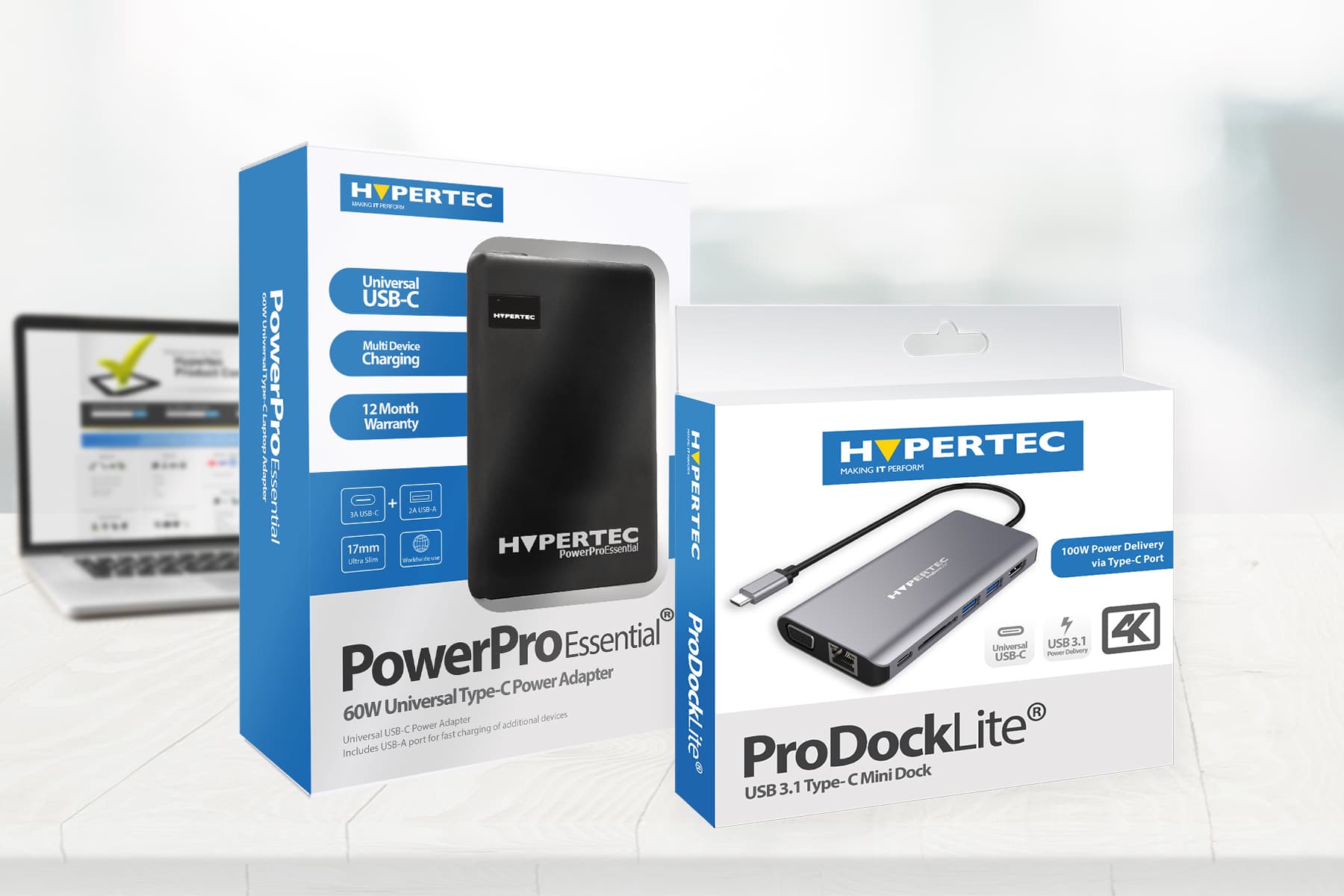 Hypertec ProDock USB Type-C Bundle featuring a black PowerProEssential 60W power adapter and a silver ProDockLite USB 3.1 Type-C mini dock, both in branded packaging.