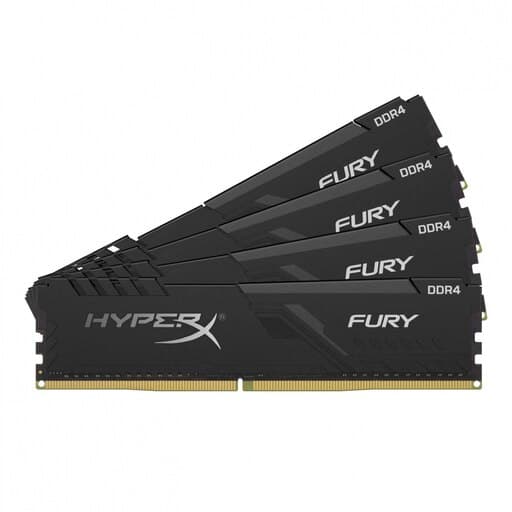 Four black HyperX FURY DDR4 memory modules, each 8 GB, featuring a sleek design with a prominent HyperX logo and gold connectors, arranged in a staggered formation.