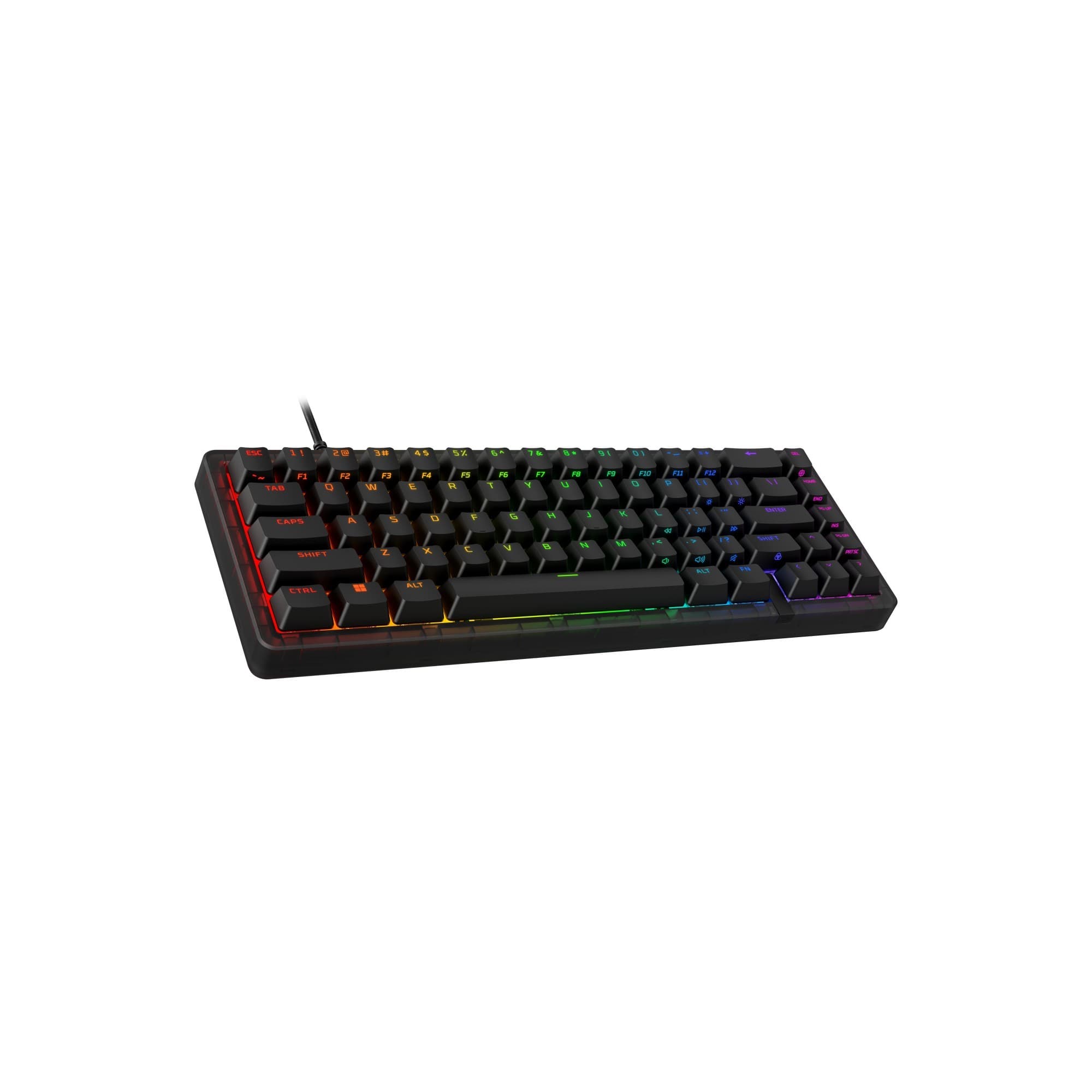 Compact black mechanical keyboard with customizable RGB backlighting, featuring a 65% layout and tactile keys, designed for gaming and typing efficiency.