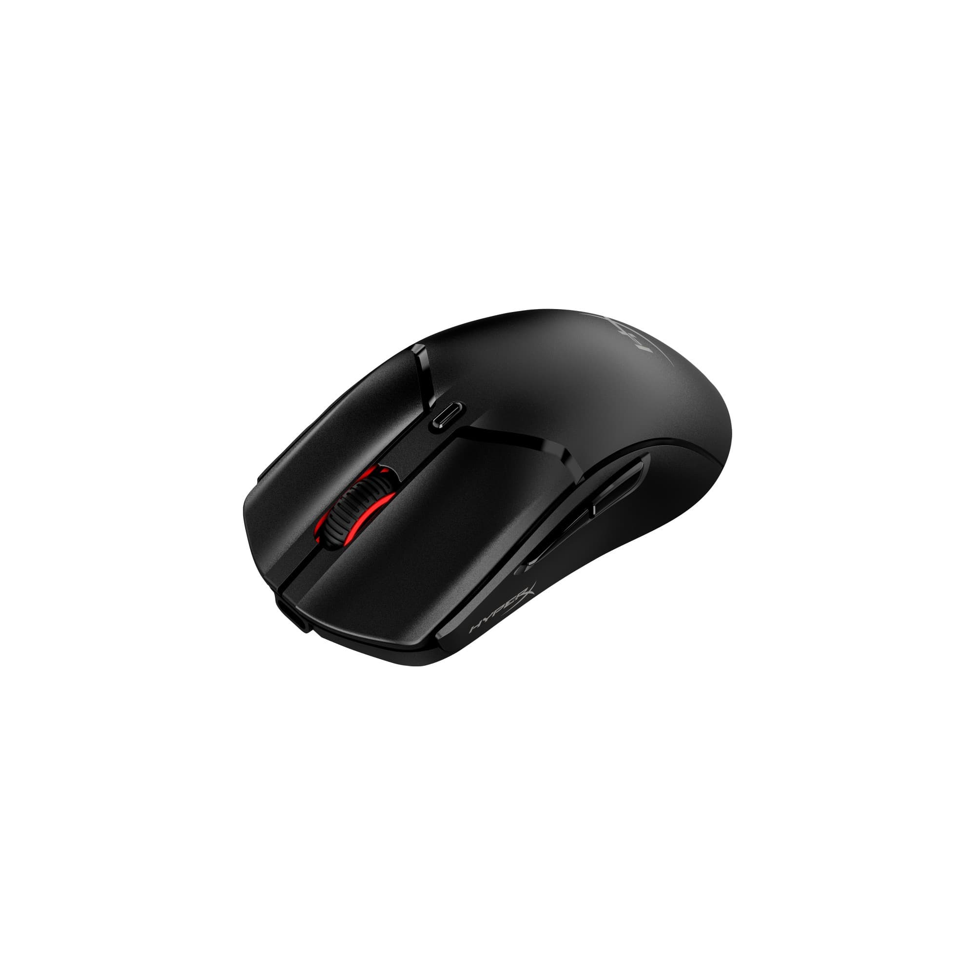 Wireless gaming mouse in black with a sleek design, featuring a red scroll wheel, customizable buttons, and a lightweight build for enhanced gaming performance.
