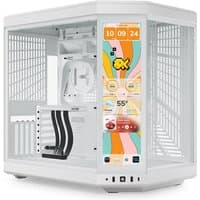 White HYTE Y70 Touch Infinite Midi Tower with transparent panels, touch display, and sleek geometric design.