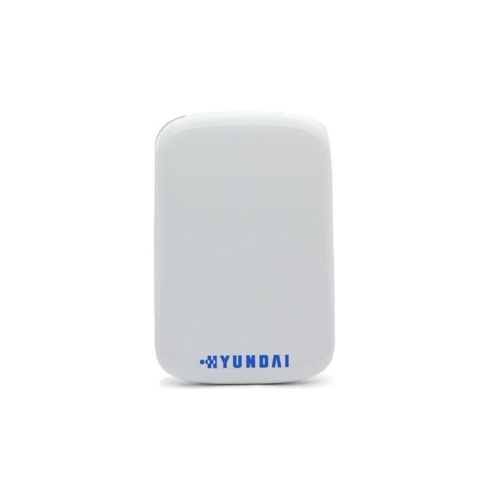 Compact white external hard drive with a smooth finish, featuring the Hyundai logo in blue at the bottom.