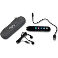 Black and white IRISPen Reader 8 pen scanner with USB cable, earbuds, and gray carrying case.