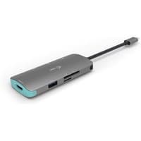 Gray i-tec Metal USB-C Nano Dock with HDMI, USB ports, SD card slot, turquoise accents, and attached cable.