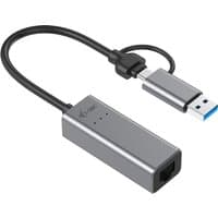 Gray i-tec Metal USB-C/USB-A Ethernet adapter with black cable and LED indicators on rectangular housing.