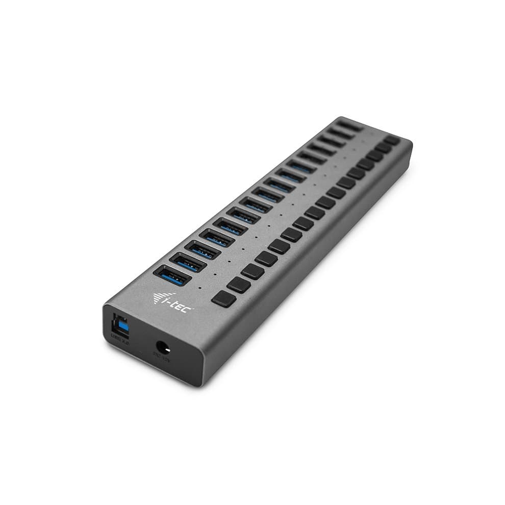 Sleek silver USB 3.0 charging hub with 16 ports, featuring blue LED indicators and a power adapter input, designed for efficient device connectivity and charging.