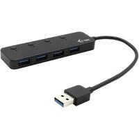 Black i-tec USB 3.0 hub with four ports, individual on/off switches, and attached USB cable.
