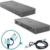 Gray i-tec docking station with USB 3.0, USB-C, Thunderbolt ports, and power delivery, includes USB-C to USB-A cable.