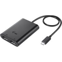 Black i-tec USB-C Dual 4K/60Hz DP Video Adapter with two DisplayPort outputs and attached USB-C cable.