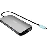 Silver i-tec USB-C docking station with HDMI, VGA, DP ports, and attached cable with USB-C connector.