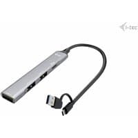 Silver i-tec USB-C/USB-A metal hub with 1 USB 3.0 port, 3 USB 2.0 ports, and attached cable.