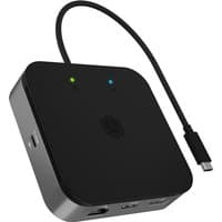 Black ICY BOX 7-in-1 USB4 DockingStation with dual video output, USB-C cable, LED indicators, and multiple ports.