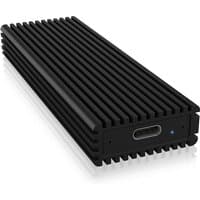Black ICY BOX IB-1816M-C31 SSD enclosure with ribbed design, USB-C port, and LED indicator.