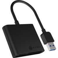 Black ICY BOX card reader with USB 3.2 Gen 1 connector and compact design, featuring a short cable.