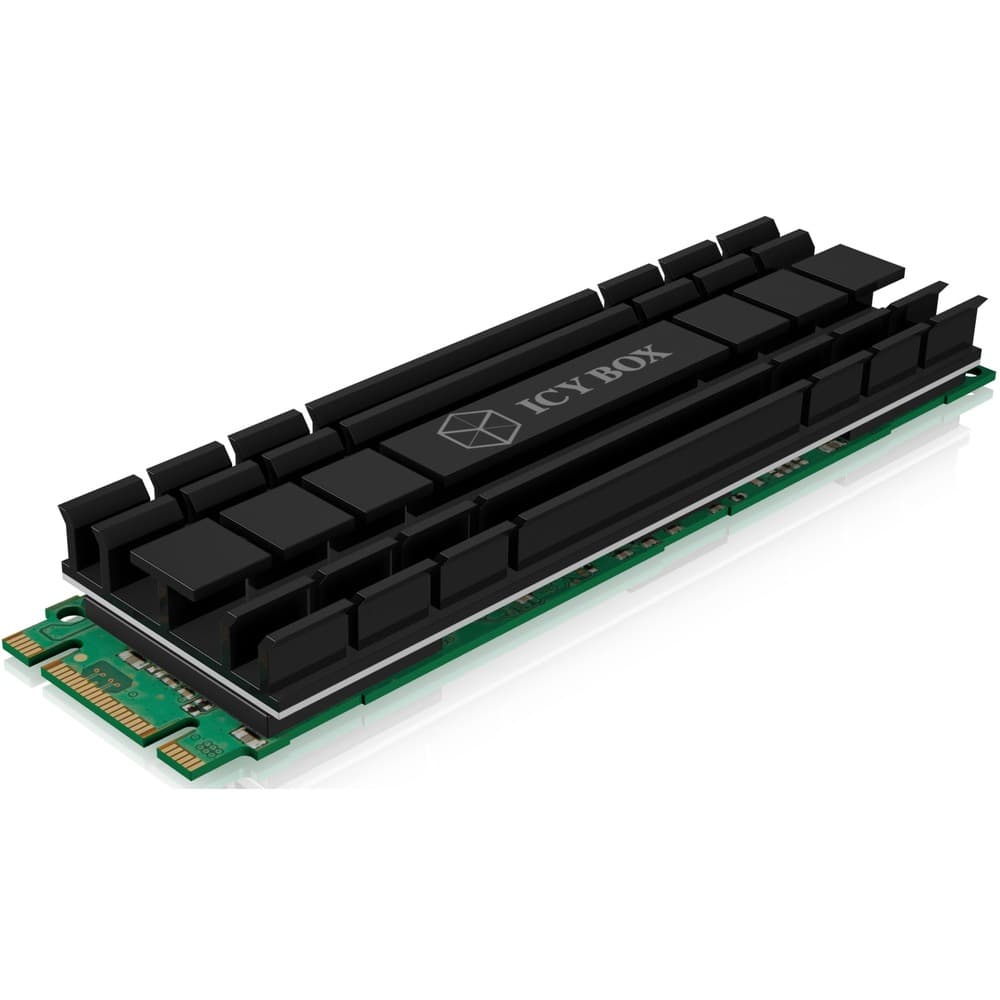 Black aluminum SSD cooler with a sleek design, featuring multiple heat sink fins and the "ICY BOX" logo, designed for M.2 passive cooling.