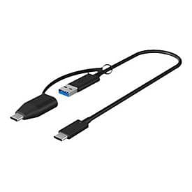 Black USB 3.2 Gen cable, 0.35 meters long, featuring a USB-A connector on one end and two USB-C connectors on the other, designed for data transfer and charging.