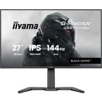 Black Iiyama 27" monitor with slim bezels, IPS display, 144Hz refresh rate, and "Black Hawk" branding.
