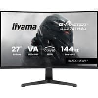 Curved 27" Iiyama G-MASTER monitor, black frame, 144Hz, VA panel, Black Hawk branding, futuristic graphic on screen.