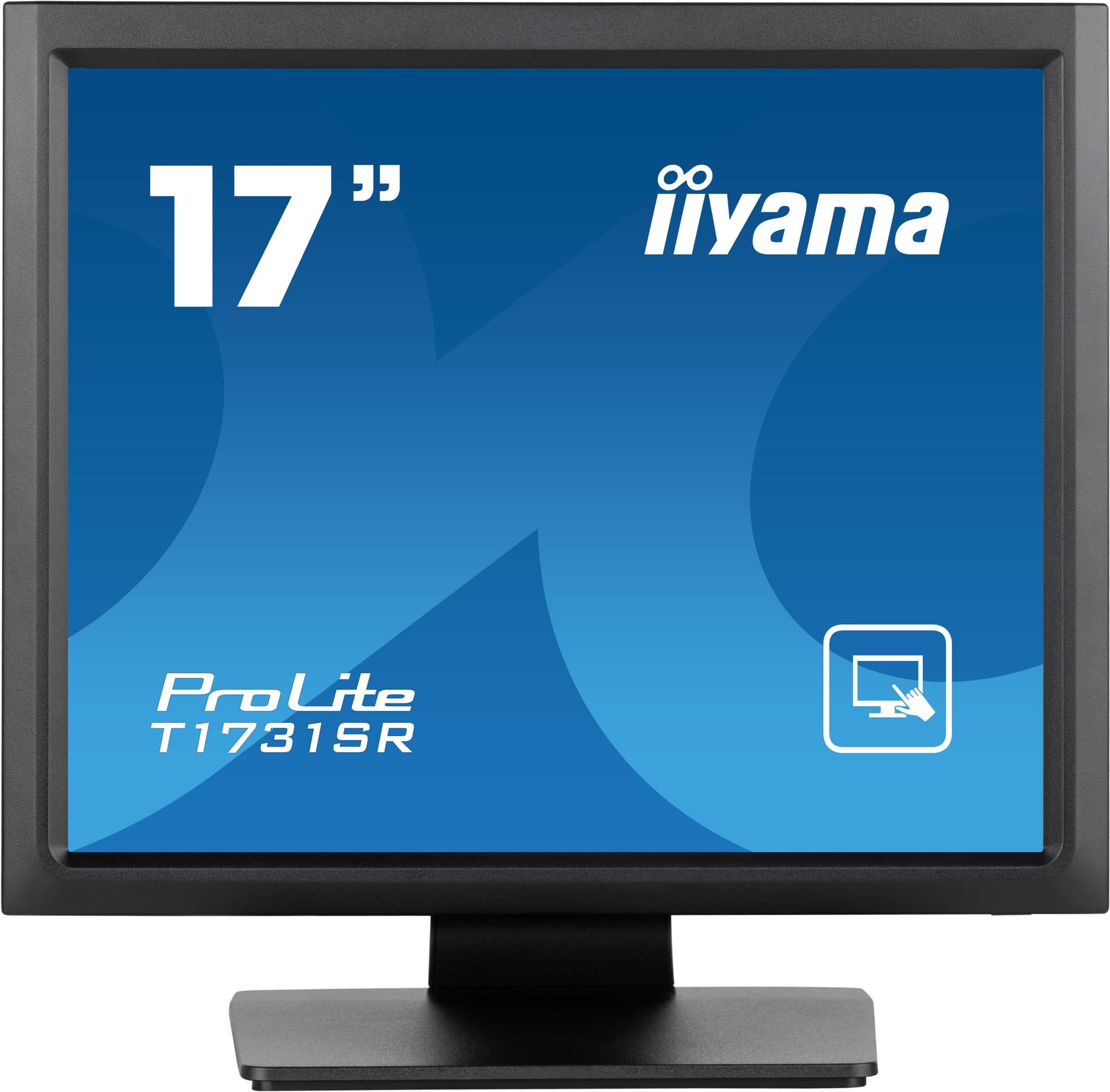 Black 17-inch Iiyama ProLite T1731SR-B1S touchscreen monitor with a sleek design, featuring a blue display background and clear branding.