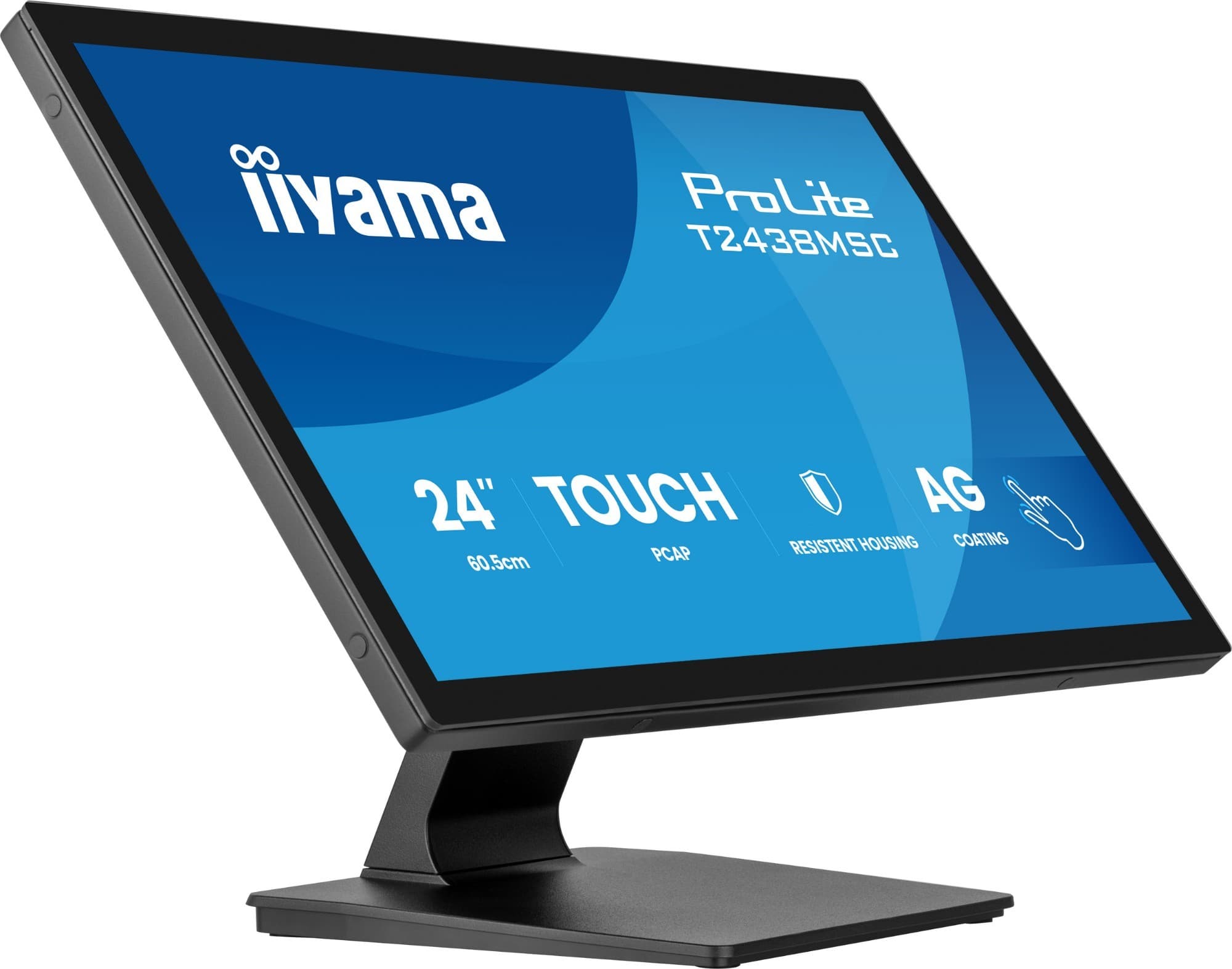 Black Iiyama ProLite T2438MSC-B2 computer monitor with a 23.8-inch touchscreen, featuring a sleek design and anti-glare display, showcasing a blue and white interface.