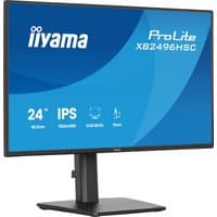 24" iiyama ProLite monitor with slim black bezel, adjustable stand, and blue screen displaying model details.