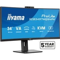 Curved 34" iiyama ProLite monitor with slim bezels, built-in webcam, and adjustable stand, featuring VA panel technology.