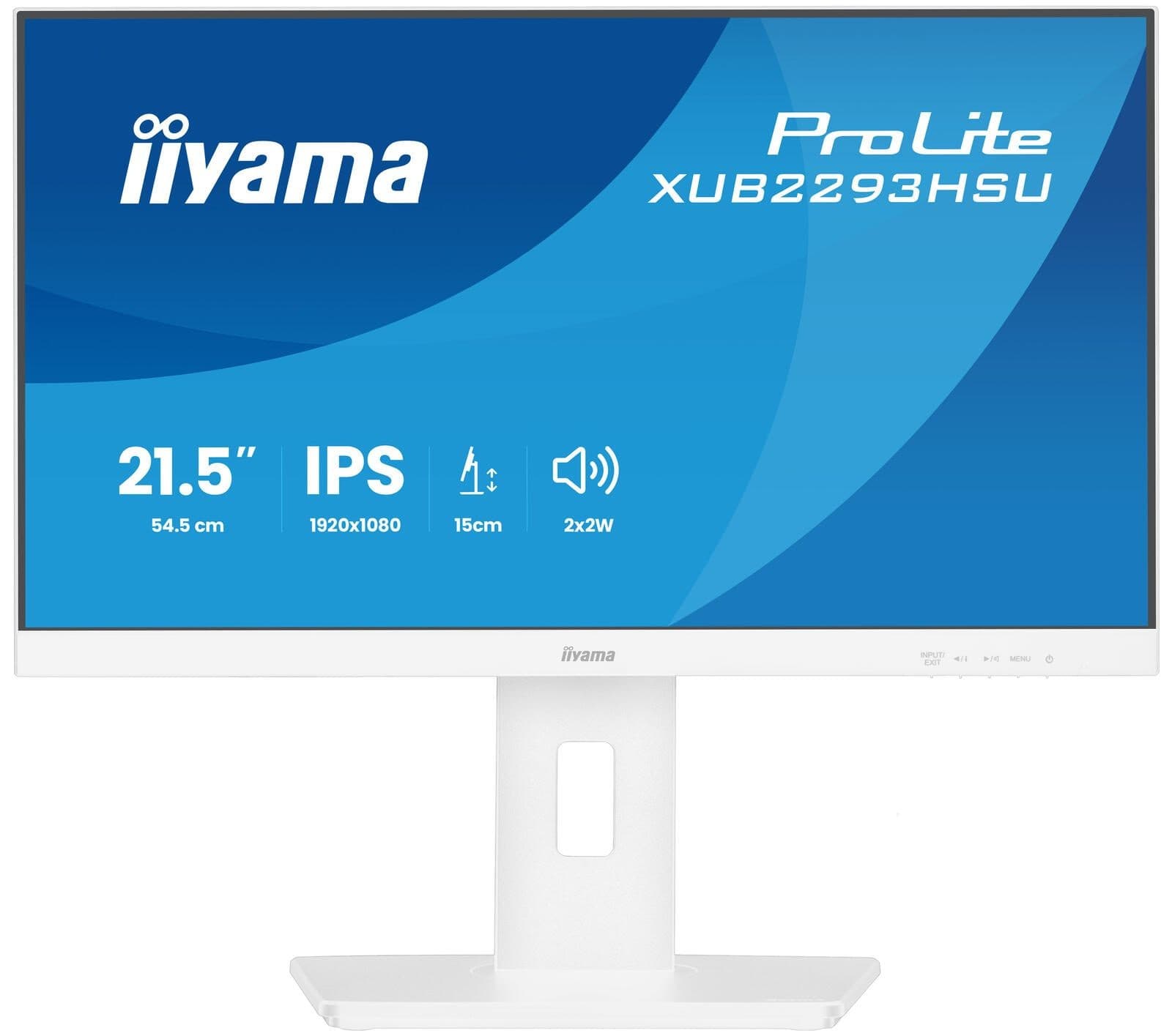 Iiyama ProLite XUB2293HSU-W7 monitor features a 21.5" IPS display with a sleek white frame, 1920x1080 resolution, and a minimalist stand.