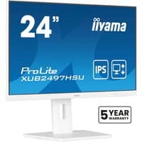 White iiyama ProLite XUB2497HSU-W2 monitor, 23.8-inch, with IPS display, adjustable stand, and 5-year warranty badge.