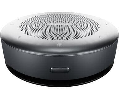 Round black Bluetooth conference speaker with a metallic finish, featuring perforated speaker grill, control buttons on the top, and a compact design for portability.