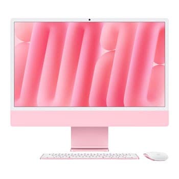 Sleek pink Apple iMac 24" featuring an M4 8-Core CPU, 16GB RAM, 256GB SSD, with a vibrant pink display, matching keyboard, and mouse, all in a stylish all-in-one design.