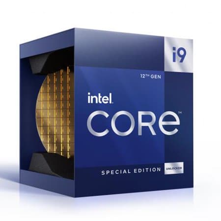 Blue box with gold accents featuring the Intel Core i9 logo, labeled "12th Gen" and "Special Edition," showcasing a processor inside with a grid pattern.