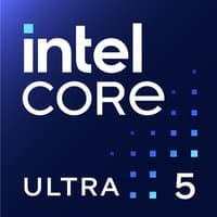 Intel Core Ultra 5 processor logo on dark blue background with pixelated design elements.
