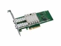 Intel E10G42BTDA internal network card featuring a green circuit board with dual ports, metal heat sink, and a PCIe connector for 10,000 Mbit/s Ethernet connectivity.