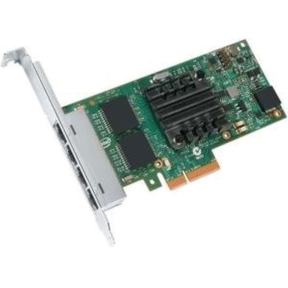 Green circuit board with a metal bracket, featuring four Ethernet ports, a black heatsink, and various electronic components for the Intel I350T4V2BLK Network Card.