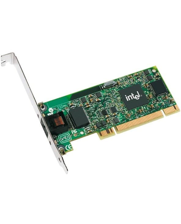 Green circuit board with Intel branding, metal bracket, and gold-plated PCI connector, designed for internal use with a 1000 Mbit/s network capability.