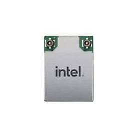 Silver rectangular internal WLAN card with green circuit board edges, featuring the Intel logo prominently displayed on the front, designed for Wi-Fi 6E AX210 connectivity.