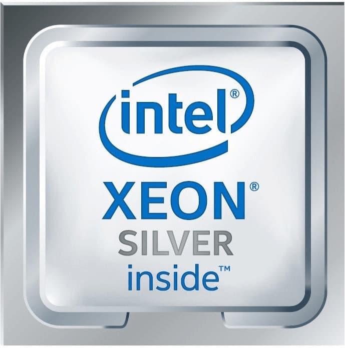 Intel Xeon 4110 processor in a silver tray, featuring a blue Intel logo and "XEON SILVER inside" text, designed for high-performance computing applications.