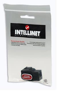 Black Intellinet Inline Coupler, Cat5e UTP, Keystone Type, featuring 8P8C female connectors, packaged with a guarantee of lifetime warranty.