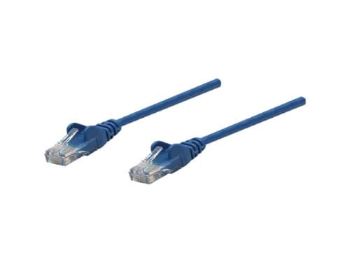 Blue 1.5m Cat5e network patch cable with CCA material, U/UTP design, snagless booted connectors, and gold-plated RJ45 contacts, packaged in a polybag.