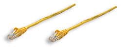 Yellow Intellinet Cat5e network patch cable, 10 meters long, featuring CCA material, SF/UTP design, and PVC insulation, with connectors on both ends.