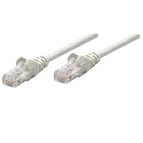 Grey 20m Cat5e network patch cable with CCA material, U/UTP design, PVC insulation, RJ45 connectors, gold-plated contacts, and snagless booted ends.