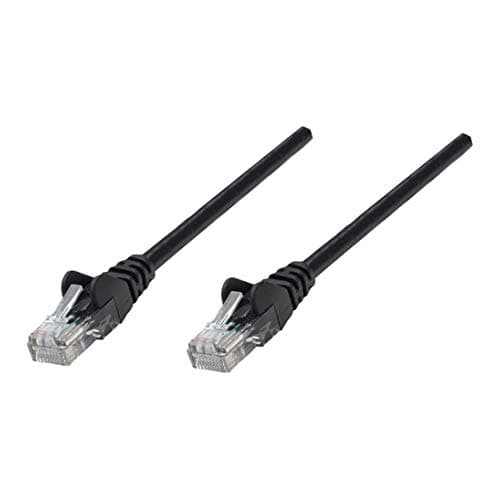 Black Intellinet Cat5e network patch cable, 3 meters long, made of CCA material with U/UTP configuration, featuring clear RJ45 connectors on both ends.
