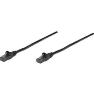 Black 0.5m Cat6 network patch cable featuring CCA material, U/UTP design, PVC insulation, RJ45 connectors with gold-plated contacts, and snagless booted ends.