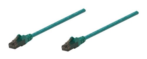 Green Intellinet Cat6 network patch cable, 10m long, featuring CCA material, U/UTP design, PVC insulation, and RJ45 connectors on both ends.